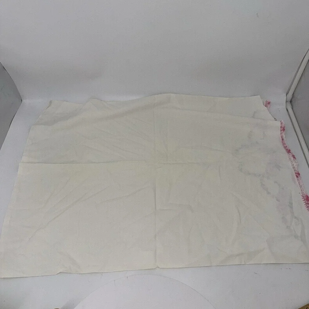Vintage white pillowcase w/ pink floral embroidery & hand-crocheted lace edge